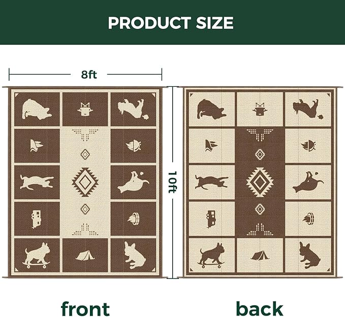 FXW Camping Rug, 8' x 10' Large Waterproof Portable RV Mat, Easy-to-Clean Straw Plastic Mat for Outdoor, Patio, Backyard, Deck, Picnic, Beach, Trailer, Brown & Beige
