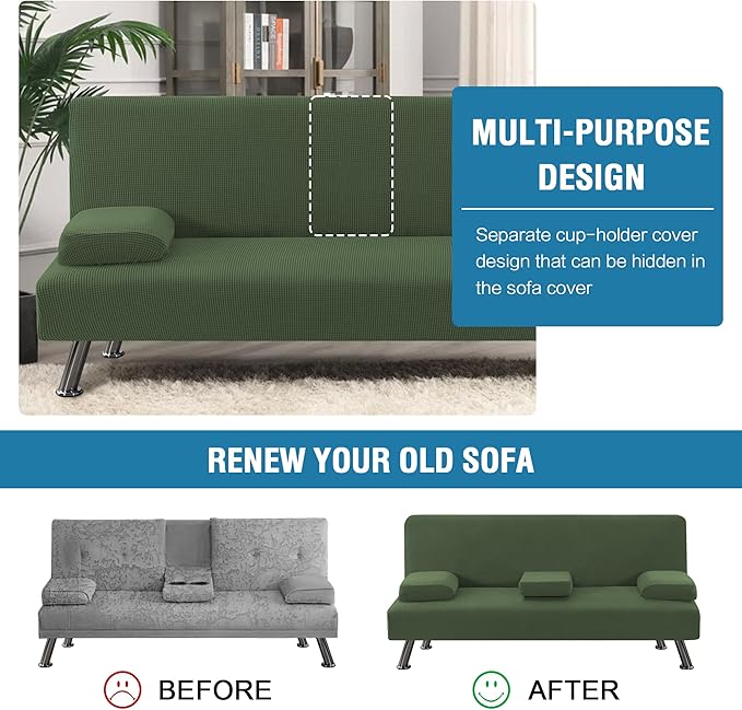 H.VERSAILTEX 4 Pieces Stretch Futon Covers Sofa Bed Slipcover with Removable Armrests and Cupholders Covers Furniture Protector High Spandex Small Checks Jacquard Fabric, Bronze Green