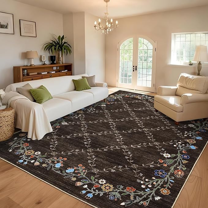 GarveeHome 10x13 Washable Floral Area Rugs for Living Room: Modern Floral Non Slip Large Area Rugs for Bedroom, Large Machine Washable Living Room Low Pile Carpet with Non-Slip Backing Brown 10'x13'.