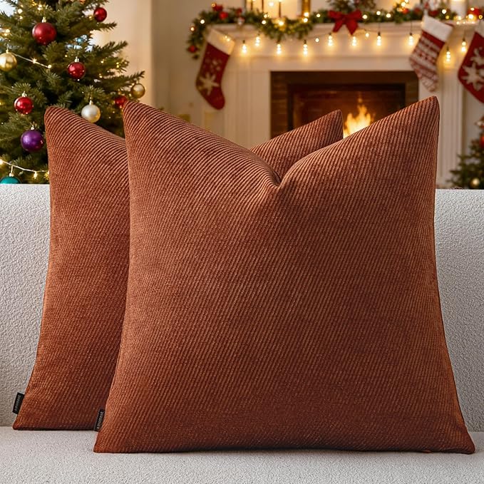 a moment Pack of 2 Christmas Decorative Chenille Throw Pillow Covers with Twill Cushion Covers for Sofa Living Room Couch Bed 22x22 Inch Rust