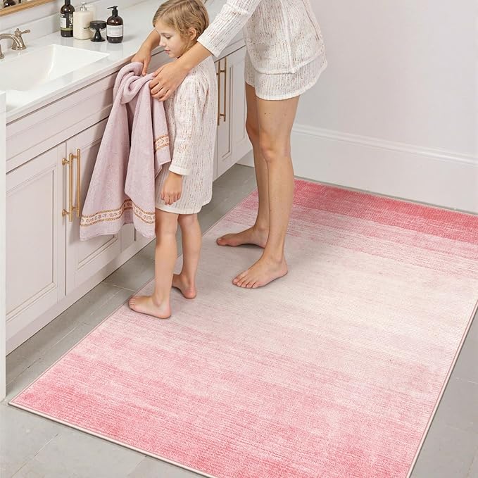 Wonnitar Pink Washable 4x6 Rug, Modern Ombre Rugs for Girls Bedroom, Soft Non-Slip Nursery Area Rug, Contemporary Non-Shed Kids Room Low Pile Throw Carpet for Dorm Playroom Living Room (Pink, 4'x6')
