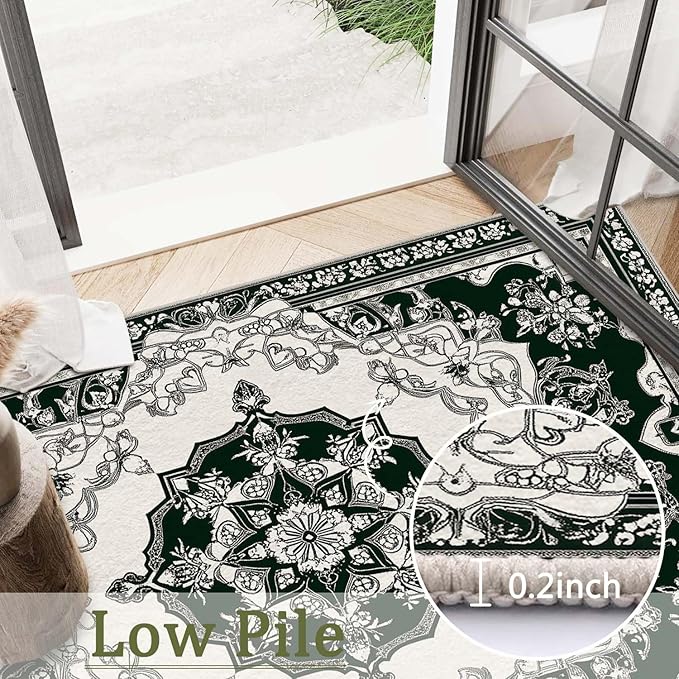 5x7 Traditional Oriental Area Rug Black White Dark Green Rug Non Slip Low Pile Large Carpet for Home Kitchen Living Room Bedroom Dining Room Office