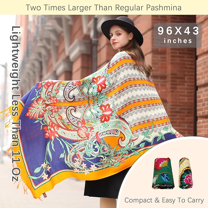 DANA XU 100% Merino Wool Extra Large Pashmina Blanket Travel Scarf Cashmere Wrap for Women Fall Winter Oversize Shawl Floral