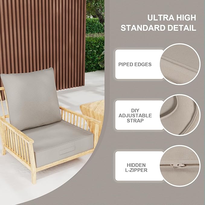 Outdoor Olefin Water-Resistant Deep Seat Cushion Set, 2PCS Weather and Fade Resistant 24''x 24''x 6'' Patio Furniture Seat Cushion, Thickened Sofa Chair Pad for Lawn, Garden, Gray Apricot