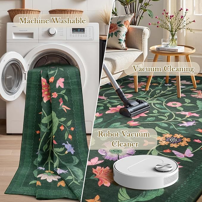 LIVEBOX Hallway Runner Rug - Boho Floral 2'6"x8 Washable Runner Rug, Non-Slip Kitchen Runners, Soft Low-Pile Non-Shedding Carpet Runners for Hallways EntryWay Bedroom Bathroom Farmhouse(2.5x8ft,Green)