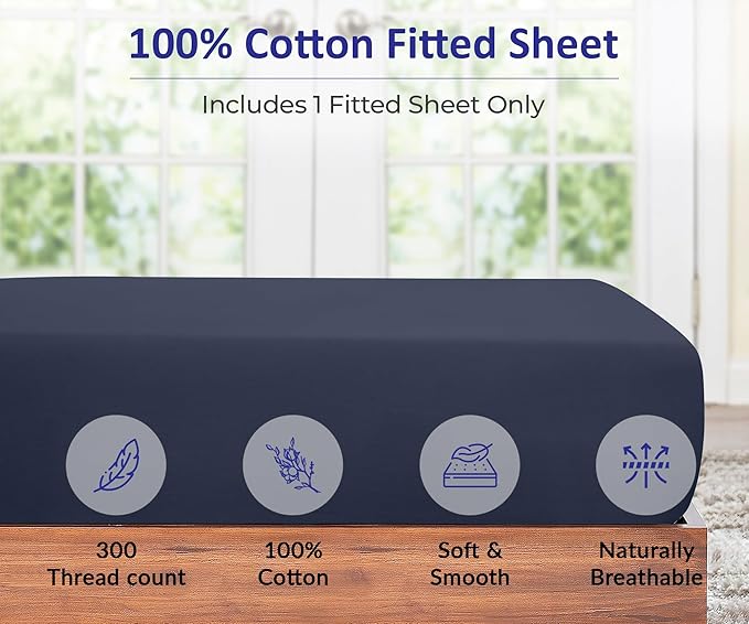 ROYALE LINENS 300 Thread Count 100% Long Staple Combed Cotton Fitted Sheet California King - Super Soft Deep Pocket Bottom Sheet - Fitted Sheets Only - Elastic Sheets (Cal King, Navy)