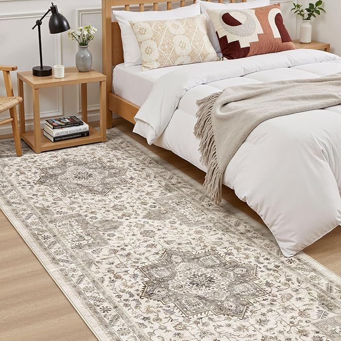 Vintage Hallway Runner Rug 3x8: Large Soft Washable Entryway for Kitchen Laundry Room Non-Slip Backing Runner for Entrance Living Room Bedroom Bathroom - Light Brown