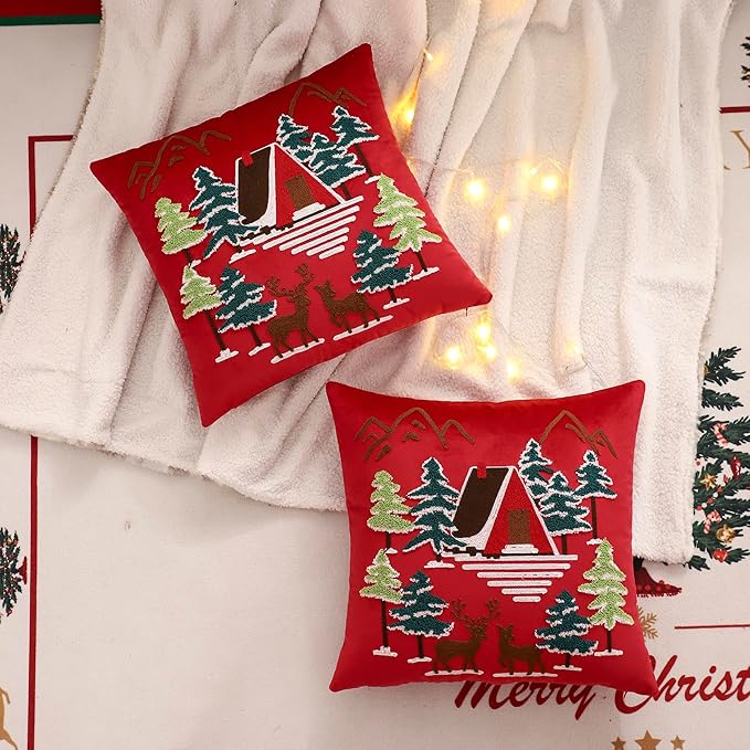 LUOYEHK Red Christmas Pillow Covers 18x18 Set of 2 House and Deer Decorative Pillow Cases Winter Holiday Velvet Embroidered Cushion Covers for Couch Sofa Bed