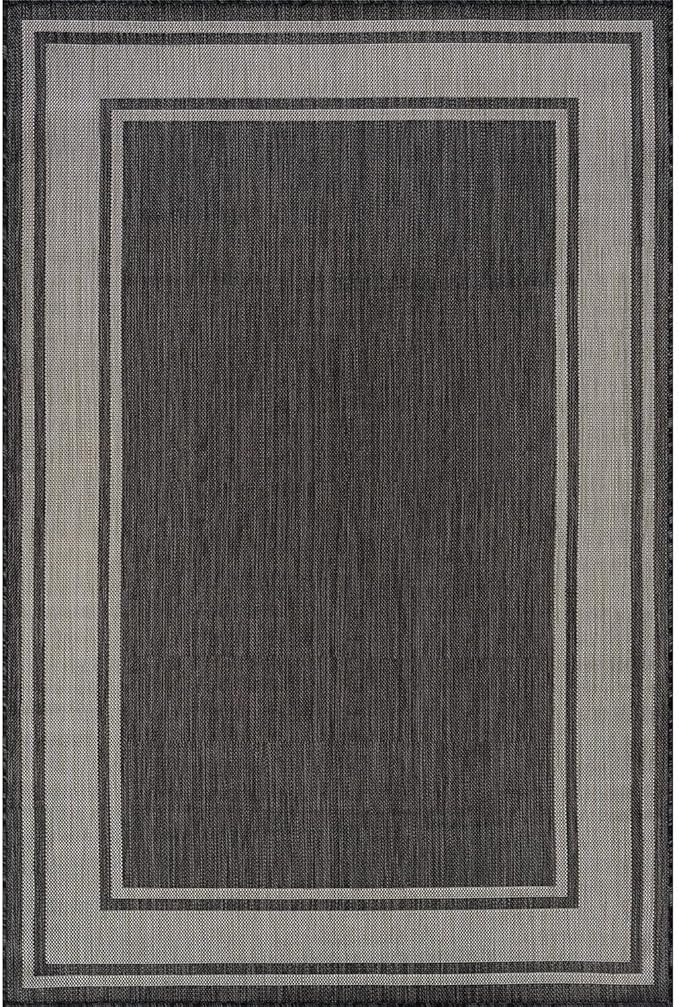 Beverly Rug Large Outdoor Rug 10x14 Modern Bordered Area Rugs for Indoor and Outdoor Patio Deck Porch Garden Waterproof Weather Sun Resistant Washable Outside Carpet (10 x 14 Dark Gray)