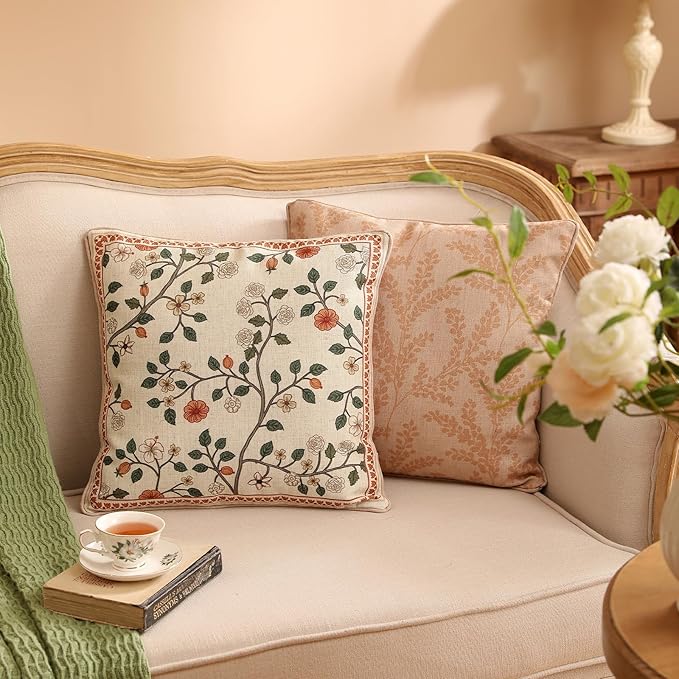 ISAENNE Design Linen Classic Throw Pillow Covers 18"x18", French Farmhouse Square Cushion Covers with Orange White Floral Pattern Decoration Pillowcases for Bed,Living Room,Outdoor,Car