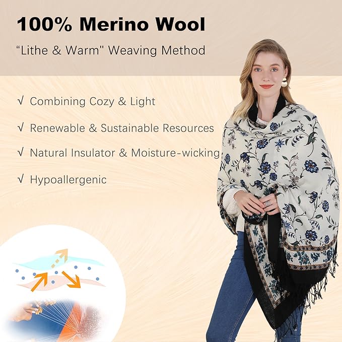 DANA XU 100% Merino Wool Pashmina Shawl for Women 96"x43", Oversized Cashmere Wrap with Tassels, Floral Travel Blanket Cape
