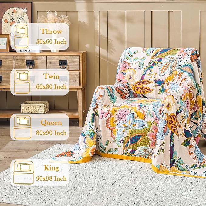 Farmhouse Throw Blanket, 60"x 80" Boho Throw Blankets for Couch Cover, 100% Cotton Bohemian Vintage Quilt for All Seasons Reversible Florals Lightweight Picnic Blankets Home Decoration