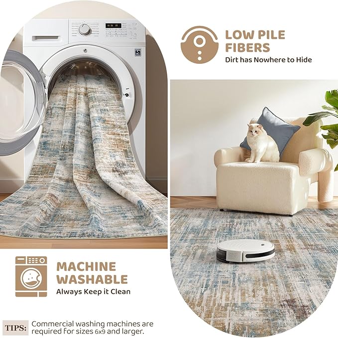 Area Rug for Living Room: 5x7 Washable Neutral Abstract Modern Soft Rugs Non Slip Indoor Floor Stain Resistant Carpet for Bedroom Dining Room Office Nursery - Blue Brown