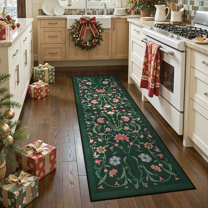 LIVEBOX Kitchen Runner Rug - Boho Floral 2x6 Runners for Hallways, Non-Slip Washable Rug, Soft Low-Pile Carpet Runner for Entryway Hallway Bedroom Laundry Room Farmhouse(2x6 ft, Green)