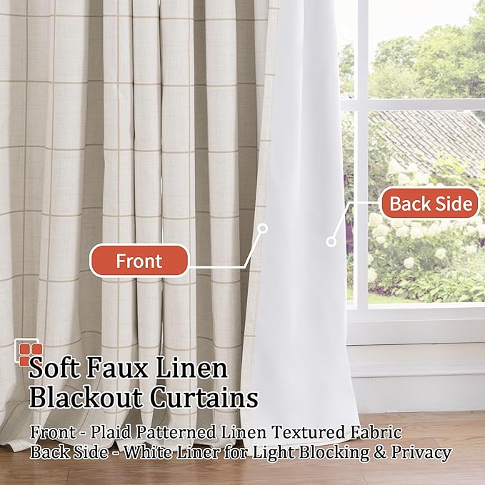 Linen Blackout Curtains for Living Room - Plaid Patterned Curtains 72 Inch Long, Boho Black Out Thermal Insulated Drapes for Cottage Bedroom Grommet Style 52x72 Inch 2 Panels, Natural