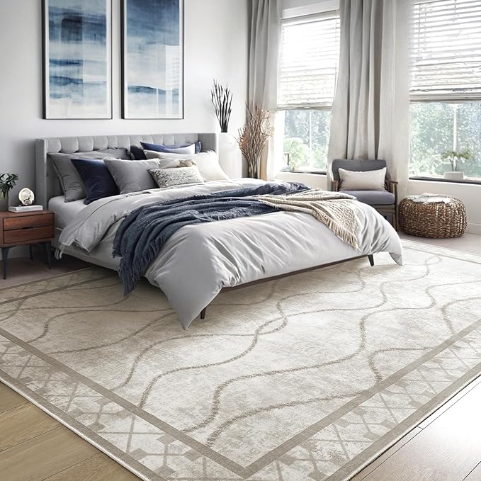 4x6 Area Rugs for Bedroom Living Room, Machine Washable Low Pile Rugs, Non Slip Modern Bordered Print Indoor Carpet for Entryway Office Dining Room Dorm Home Decor, Beige