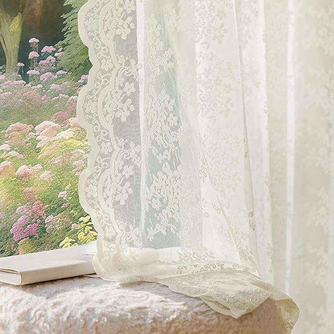 Anmao Vintage Lace Curtains 63 Inches Long 2 Panels Set, Romantic Elegant Light Filtering Semi Sheer Floral Thick Lacy Curtain Drapes for Living Room and Bedroom, Each Panel 55W x 63L, Ivory