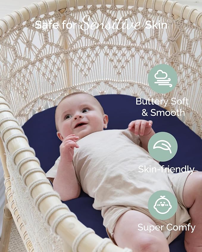 Bassinet Fitted Sheets Compatible with Mika Micky Bedside Sleeper Bassinet Mattress Pad - Buttery Soft, Silky Comfort, Premium Stretchy Jersey Knit Sheets - Navy + Grey + Cloud, 3 Pack