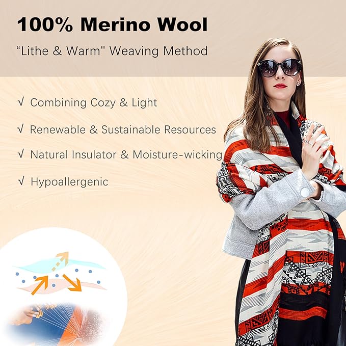 DANA XU 100% Merino Wool Pashmina Shawl for Women 96"x43", Oversized Cashmere Wrap with Tassels, Floral Travel Blanket Cape