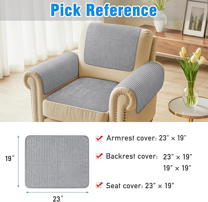 Couch Arm Covers, Sofa Arm Covers, Waterproof Armrest Cover for Sofa, Armchair, Loveseat, Headrest Cover, Non-Slip Recliner Arm Cover, Arm Chair Covers Set of 2 (Gray, 23"×19")
