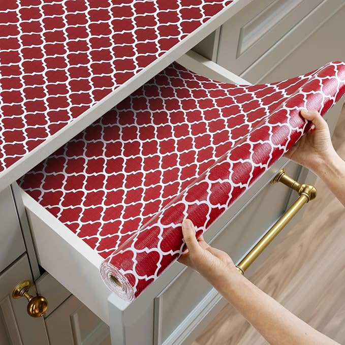 Shelf and Drawer Liner for Kitchen Cabinets Non-Adhesive, Strong Grip Non-Slip Thickened Cabinet Liners for Shelves, Waterproof Mats for Dresser Cupboard, Red/White, 12 in x 20 Feet