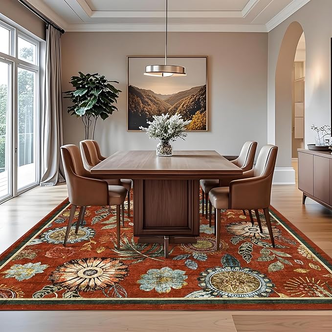 GarveeHome 8x10 Floral Washable Area Rug: Large Living Room Area Rug with Non-Slip Backing Washable Ultra Soft Bedroom Floral Carpet Indoor Stain Resistant Carpet for Dining Room 8 * 10 ft Brick Red
