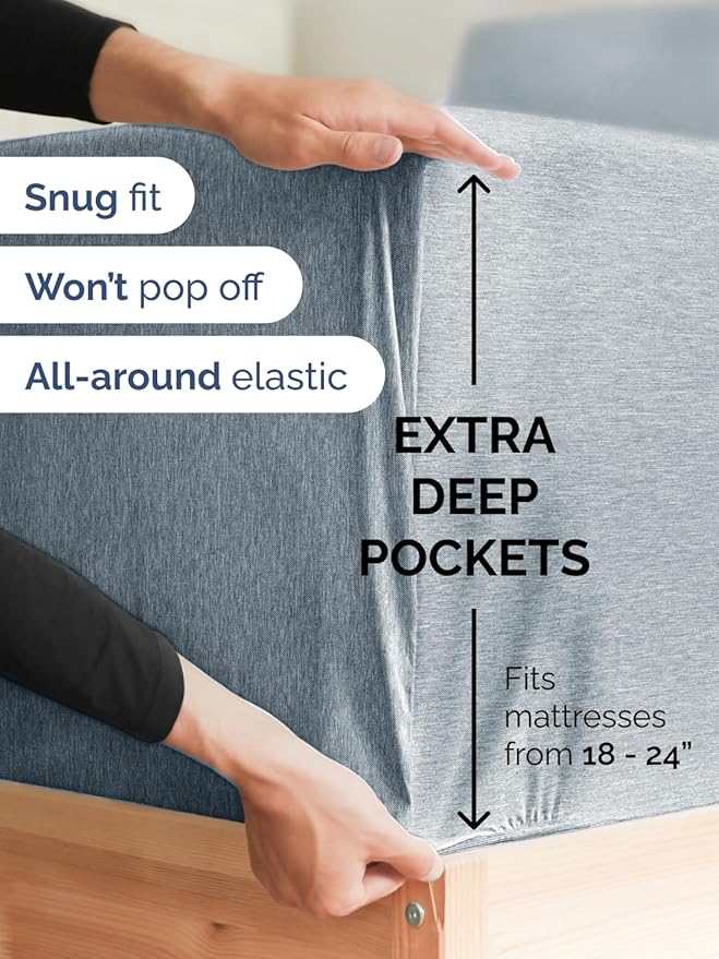 Extra Deep Pocket Full Sheets - 4 Piece Breathable & Cooling Bed Sheets - Hotel Luxury Sheet Set - Soft, Wrinkle Free & Comfy - Easily Fits Extra Deep Mattresses - Deep Pocket Heathered Blue Sheets