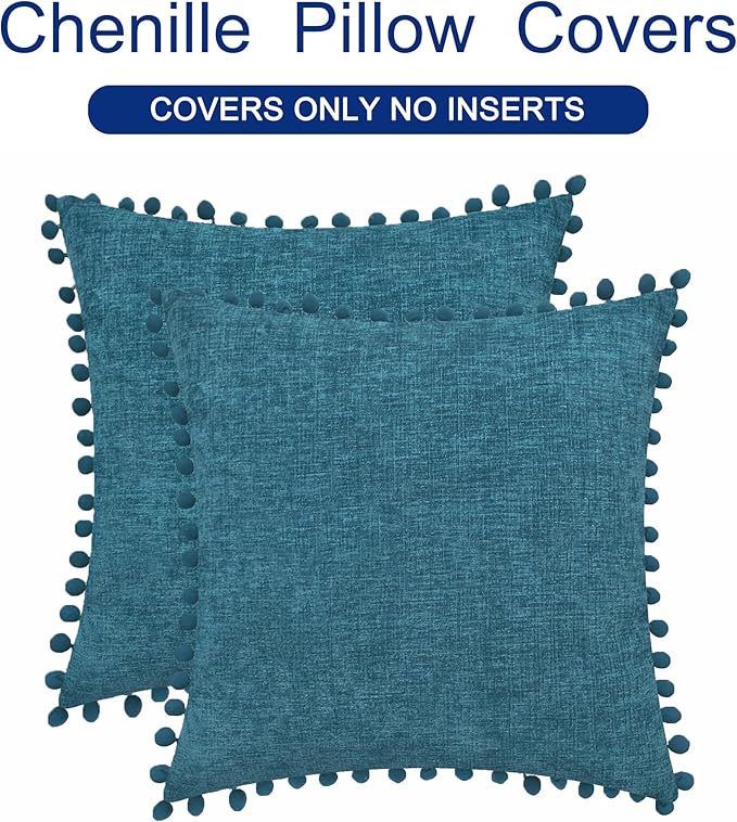 CaliTime Throw Pillow Covers Decorative 20 X 20 Inches Pack of 2 Cozy Solid Dyed Soft Chenille Cushion Cases with Pom Poms for Couch Sofa Bed Living Room Home Ocean Blue