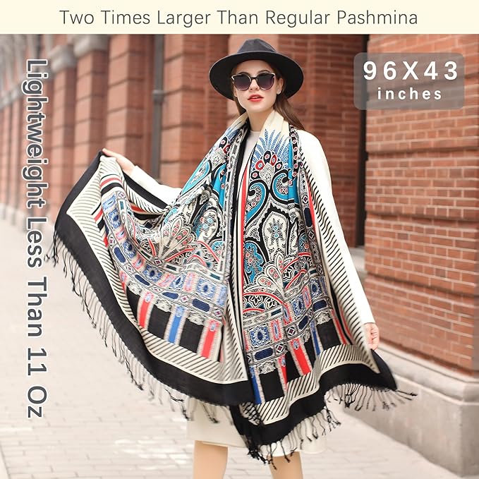 DANA XU 100% Merino Wool Pashmina Shawl for Women 96"x43", Oversized Cashmere Wrap with Tassels, Floral Travel Blanket Cape