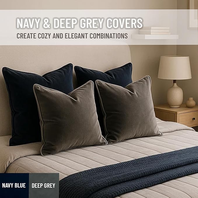 2 Pack Velvet Decorative Throw Pillow Covers, 12"x20", Navy Blue and Grey, Solid, Modern, Contrast Piping, Indoor Use, Bedroom & Living Room