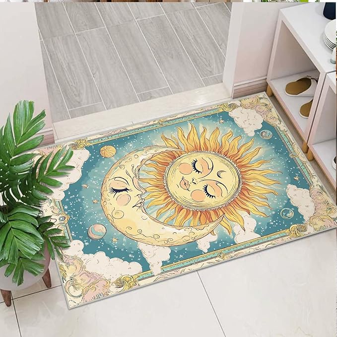 2x3 Sun and Moon Entryway Area Rug Blue Yellow Hippie Celestial Bathroom Rug Non-Slip Machine Washable Low Pile Small Carpet Kitchen Bedroom Door Mat Entrance