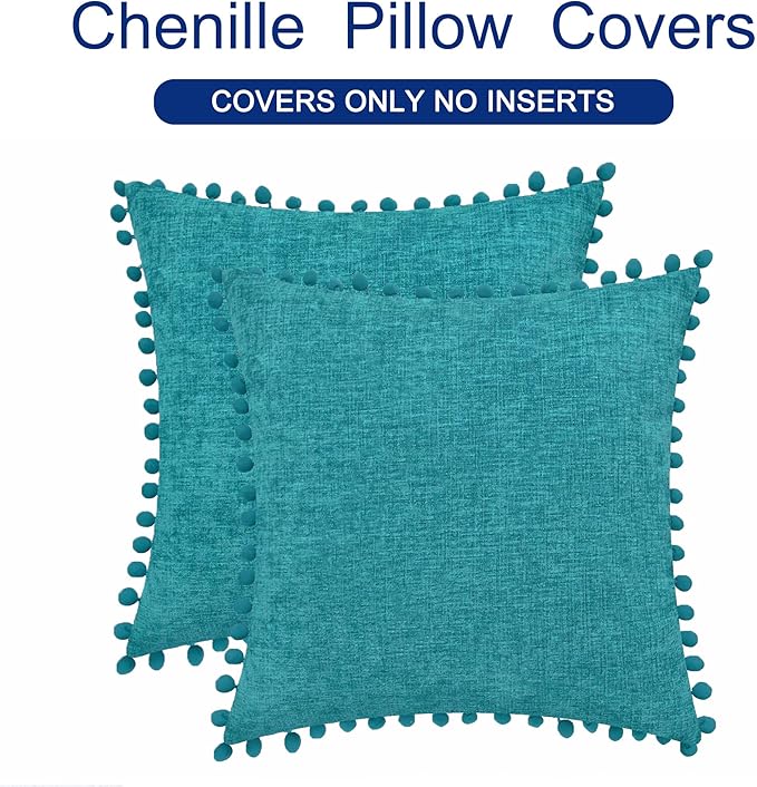 CaliTime Throw Pillow Covers Decorative 22 X 22 Inches Pack of 2 Cozy Solid Dyed Soft Chenille Cushion Cases with Pom Poms for Couch Sofa Bed Living Room Home Lake Blue