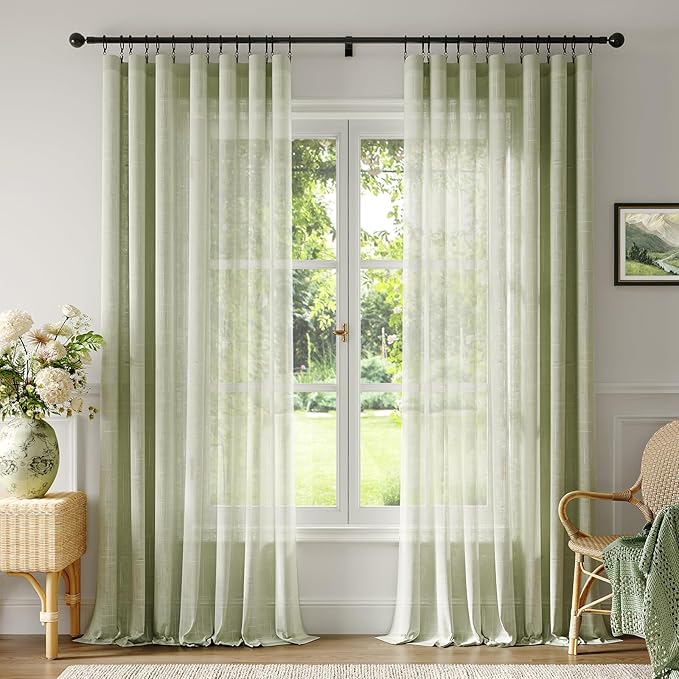 Anmao Natural Linen Curtains for Living Room 80 Inch Length 2 Panels Set, Light Filtering Semi Sheer Window Curtain Drapes for Bedroom with Curtain Rings and Clips, 52Wx92L, Sage Green