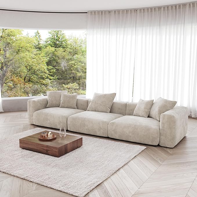 JACH Corduroy Modular Sectional Couch, Oversized Sectional Sofa, Cushion Covers Removable, Modern Deep 3-Seat Couches for Living Room, Office (Beige)
