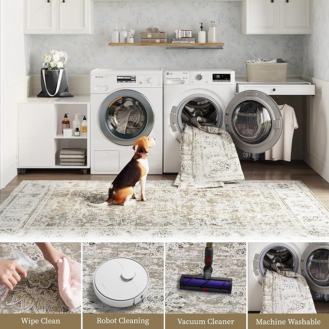 jinchan Fiora Runner Rug 3x10-2pcs Kitchen Washable Vintage Hallway Rug Floral Print Floor Cover Indoor Thin Retro Mat Accent for Bathroom Laundry Room Bedroom Office Farmhouse (Double, Taupe)