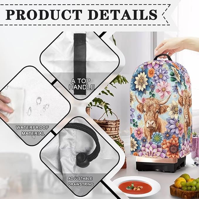 Kitchen Countertop Blender Cover Appliance Dust Protection Anti Fingerprint Easy to Clean Standard Countertop Blender Appliance Dust Cover Boho Floral Highland Cow