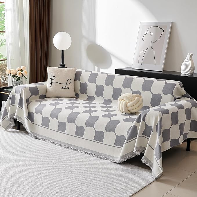 MEETSKY Couch Cover Super Soft Couch Covers for 2 Cushion Couch Sofa, Modern Jacquard Sofa Slipcover Loveseat Futon Cover, Couch Covers for Sectional Sofa, 71" x 118", Grey Checkerboard