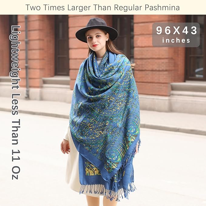 DANA XU 100% Merino Wool Pashmina Shawl for Women 96"x43", Oversized Cashmere Wrap with Tassels, Floral Travel Blanket Cape