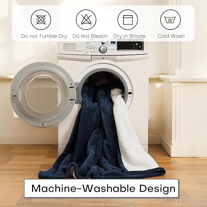 Electric Blanket Twin Size 62" x 84" Thickened Flannel and Sherpa Heated Blanket,10 Hours Timer Auto-Off,5 Heating Levels,for Bedroom Office Couch,Navy Blue