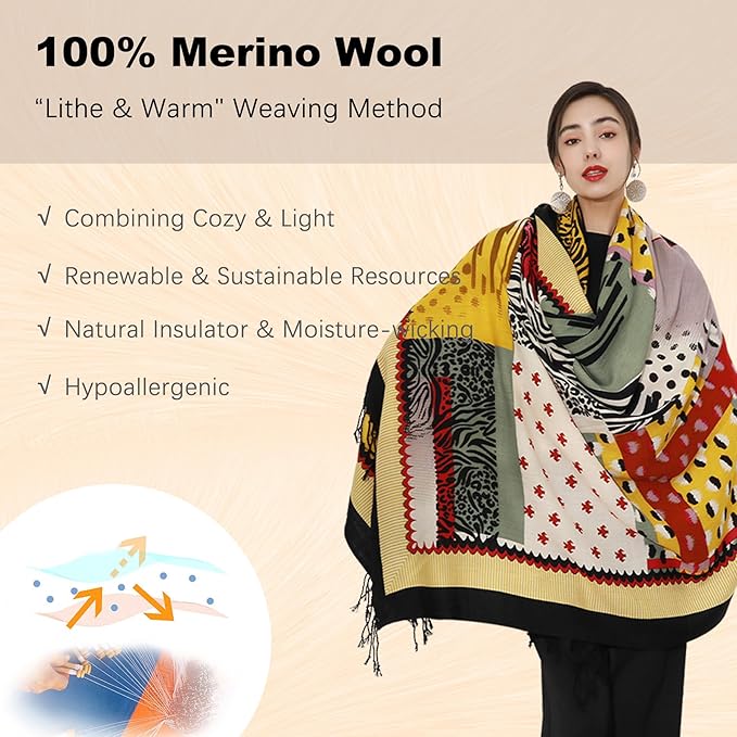 DANA XU 100% Merino Wool Pashmina Shawl for Women 96"x43", Oversized Cashmere Wrap with Tassels, Floral Travel Blanket Cape
