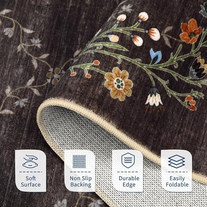 GarveeHome 2x6 Washable Floral Runner Rugs for Hallway: Modern Floral Non Slip Large Runner Rugs for Kitchen, Large Machine Washable Hallways Low Pile Carpet with Non-Slip Backing Brown 2 ft x6 ft.