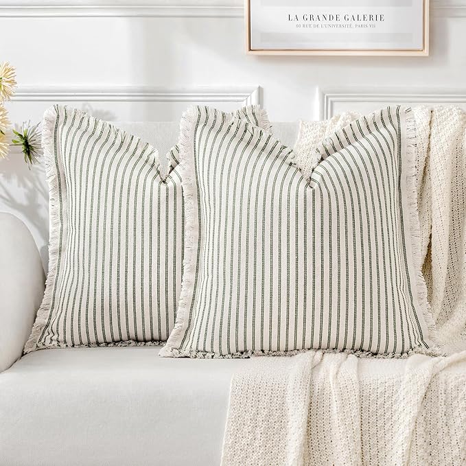 MIULEE Pack of 2 Olive Green Christmas Pillow Covers 26x26 Inch Striped Farmhouse Couch Throw Pillow Covers with Fringe Chic Linen Decorative Cushion Eruo Sham for Sofa Room Bed Outdoor Home Decor