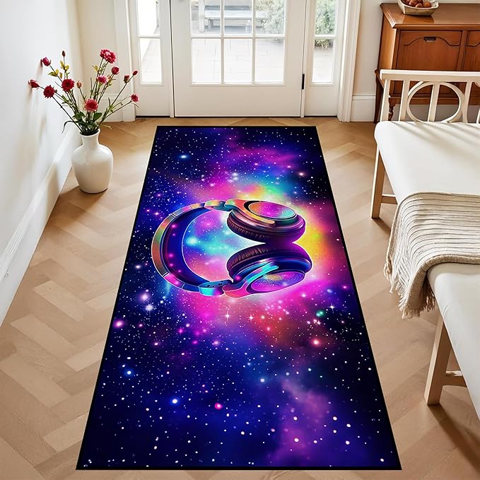 Galaxy Game Area Rug Music Headphone Rugs Colorful Throw Rug Non-Slip Carpet Doormats for Living Room Bedroom Apartment Dorm Floor Mat 79 in x 39 in