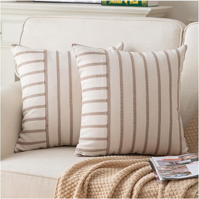 Caflife Boho Throw Pillow Covers 18x18 Set of 2 Soft Farmhouse Decorative Couch Pillow Cases Beige Striped Pillow Covers Neutral Cushion Covers for Sofa Bed Living Room Home Decor