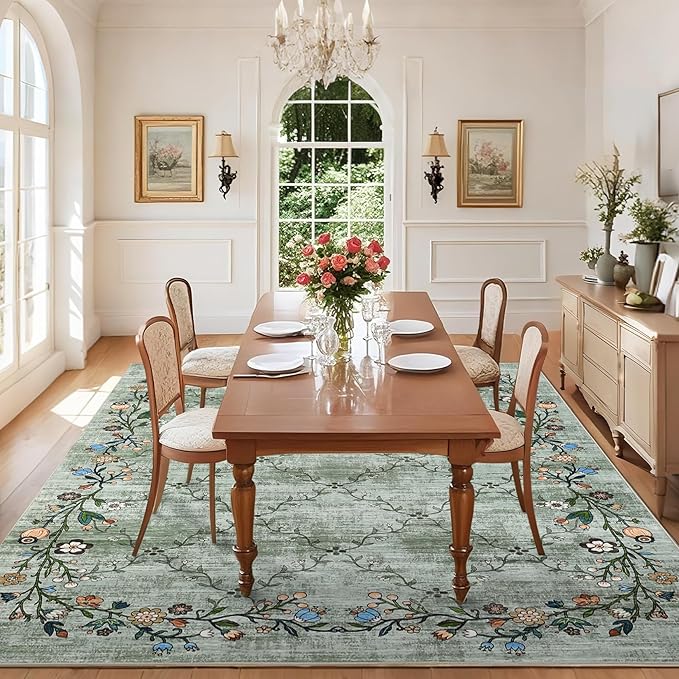 GarveeHome 8x10 Washable Floral Area Rugs for Living Room: Modern Floral Non Slip Large Area Rugs for Bedroom, Large Machine Washable Living Room Low Pile Carpet with Non-Slip Backing Green 8'x10'.