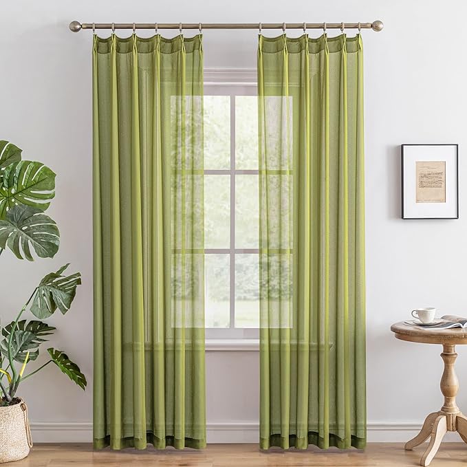 MAIHER Sage Green Pinch Pleat Sheer Curtains 90 Inch Length for Bedroom Soft Touch Lightweight Light Filtering Pleated Drapes with Ajustable Hooks (No Rings), Sage Green, 42" W x 90" L, 2 Panels
