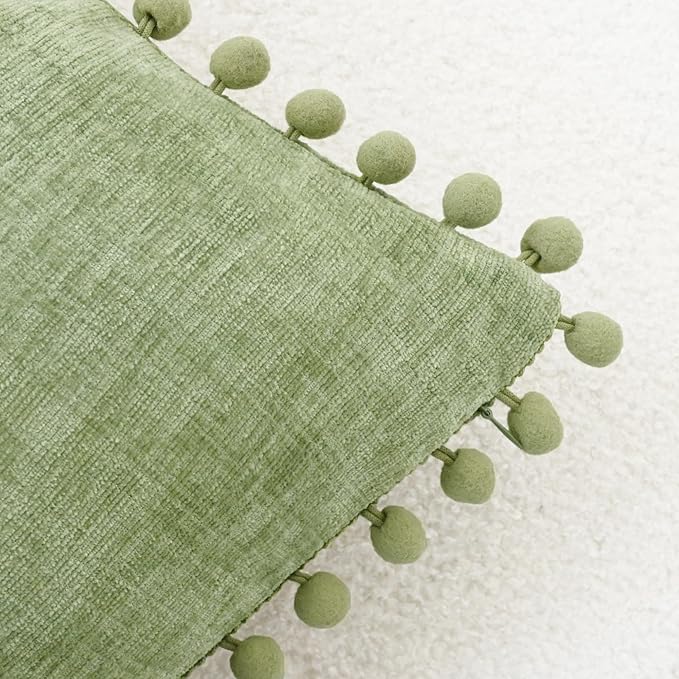 CaliTime Throw Pillow Covers Decorative 20 X 12 Inches Pack of 2 Cozy Solid Dyed Soft Chenille Cushion Cases with Pom Poms for Couch Sofa Bed Living Room Home Sage