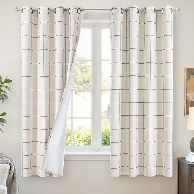 Linen Blackout Curtains for Bedroom - Boho Plaid Curtains Thermal Insulated, Pattern Printed Cottage Rustic Drapes Window Treatments for Farmhouse, 52x63 Inch 2 Panels, Dark Grey