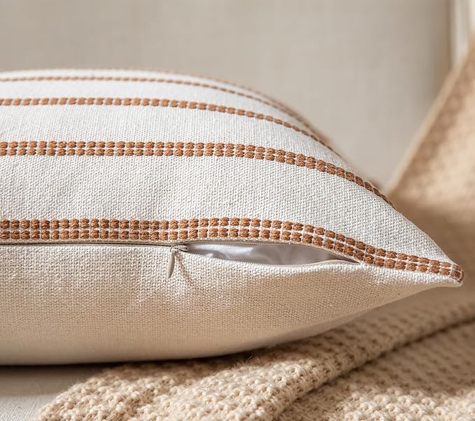 Caflife Boho Throw Pillow Covers 20x20 Set of 2 Soft Farmhouse Decorative Couch Pillow Cases Brown Striped Pillow Covers Neutral Cushion Covers for Sofa Bed Living Room Home Decor