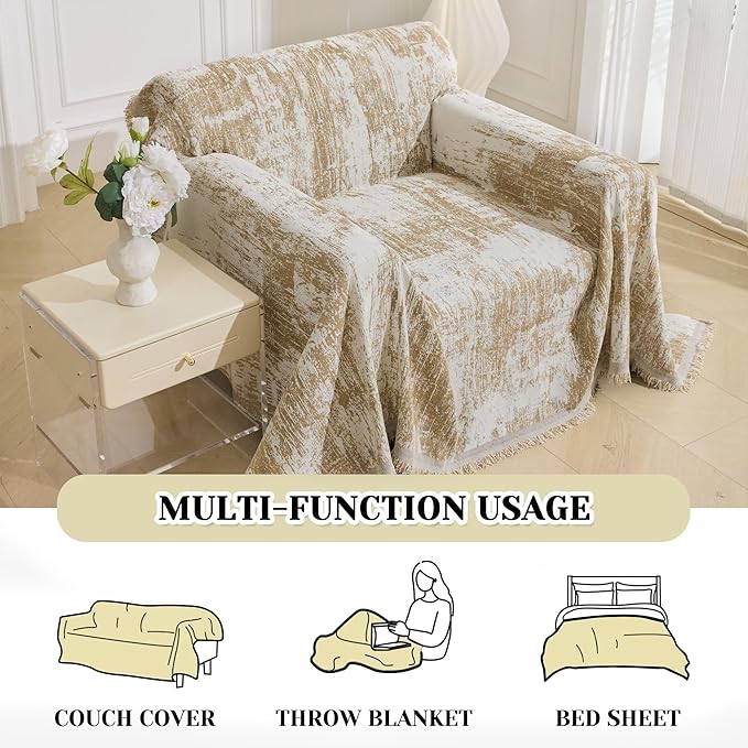 MEETSKY Small Couch Cover Oversized Recliner Covers Washable Armchair Sofa Cover for Dog, Chenille Khaki Abstract Geometric Jacquard Sofa Throw Cover Durable Modern Single Sofa Slipcovers, 71" X 91"